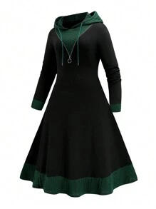 SHEIN LUNE Plus Size Solid Color Patchwork Front Zipper Long Sleeve Simple Hooded Casual Dress