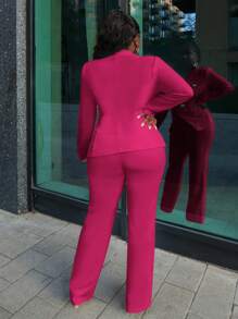 Slaydiva Elegant White Metal Button Slim Fit Suit Jacket And Pants Set - Hot Pink - View 2