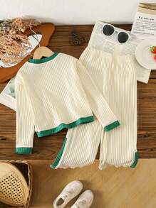 SHEIN Bộ 2 áo cổ tròn màu tương phản đơn giản cho bé gái và quần ống loe màu tương phản đơn giản, phù hợp cho mùa xuân, thu, đông - Màu tím - Xem 2