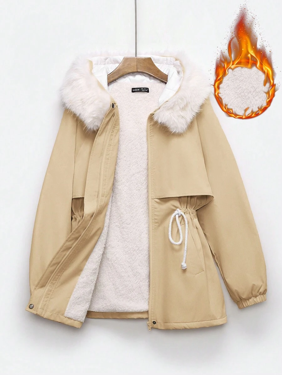 SHEIN EZwear Women New Solid Color Fluffy Patchwork Thermal Lined Hooded Short Padded Coat For Winter - Khaki - View 1