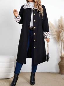 SHEIN LUNE 大码秋冬休闲拼布豹纹单排扣大衣 - 黑色 - 查看 3