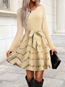 SHEIN LUNE 女士圆领长袖前系带纯色拼布简约休闲连衣裙 - 杏色 - 查看 3