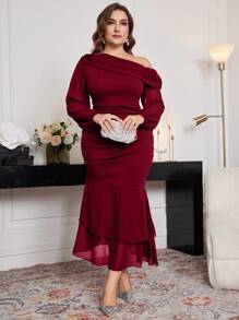 Modelyn Vestido asimétrico de cola de pez de unicolor elegante talla grande, para primavera/otoño, vestidos ajustado elegantes para fiesta de noche/invitada de boda/aniversario, vestido largo burdeos maxi para mujer