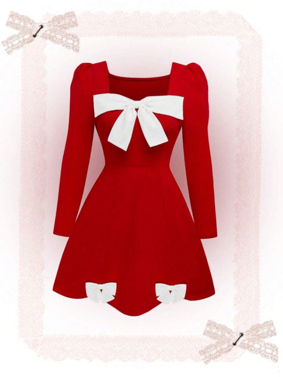 SHEIN Unity Váy midi đỏ cỡ lớn cho nữ tay bồng, cổ vuông và nơ, trang phục Giáng sinh cho năm mới - Đỏ - Xem 1