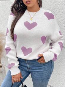 Elenzga Suéter de punto de talla grande con bloque de color con estampado de corazón para otoño e invierno - Multicolor - Ver 3
