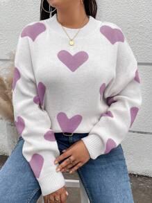 Elenzga Suéter de punto de talla grande con bloque de color con estampado de corazón para otoño e invierno - Multicolor - Ver 7