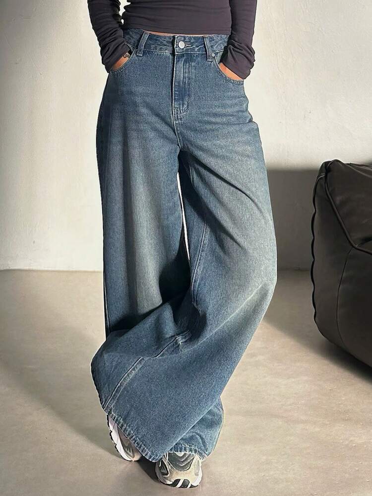Women Casual Front Button Pocket Straight Leg Denim Pants, Everyday Wear,Baggy Jeans