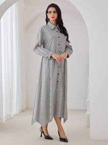 Al Najma Robe longue à manches longues, décontractée, à rayures, croisée sur le devant, ample et modeste, pour l'automne