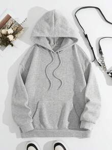 SHEIN EZwear Áo nỉ chui đầu in họa tiết chó và chữ thường ngày cho nữ, Thu/Đông - Màu Xám nhạt - Xem 3