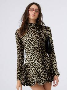 SHEIN EZwear Women's New High Neck Leopard Print Pleated Slim Fit Flower Hem Dress,Perfect For Back To School