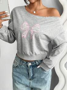 INAWLY Women's Autumn/Winter Casual Loose Sweatshirt With Asymmetric Collar And Embroidered Bow Design