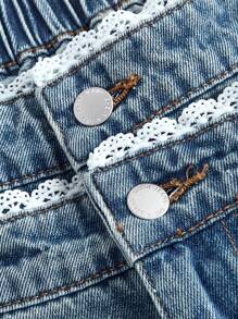 SHEIN MOD Plus Size Denim Jeans, Sweet Lace Patchwork Double Waistband Wide Leg Pants, Blue Color - Medium Wash - View 3
