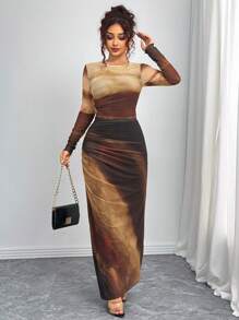 Rafferiza Autumn Elegant Tie Dye Tie Dye Ruched Form-Fitting Extra Long Dress Maxi Women Outfit Fall Cloth For Women - Ginger - View 5