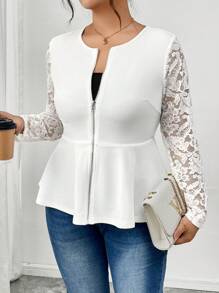 SHEIN Frenchy Áo khoác ren nối khóa kéo cỡ lớn mặc hàng ngày, Áo khoác dài tay thanh lịch mùa thu, Áo khoác đen phù hợp, Trang phục dạo phố cho phụ nữ khi ra ngoài, Trang phục mùa thu cho phụ nữ - trắng - Xem 1