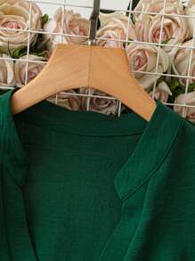 Women's Casual Solid Color Chiffon V-Neck Embroidered Side Regular Plus Size Loose Blouse, Spring/Autumn - Dark Green - View 5