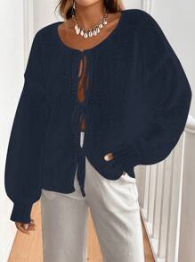 Chiquease Cárdigan de punto de unicolor con cinturón anudado delantero para mujer, se puede usar sobre una camiseta - azul real - Ver 3