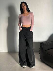 DAZY 女式前扣口袋休闲阔腿牛仔裤 - 黑色 - 查看 5