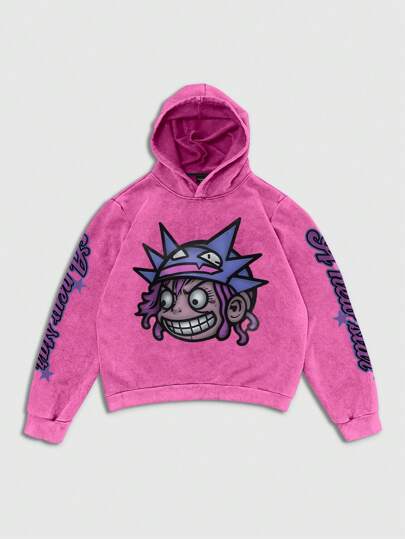 Street Life Men Graphic Portrait Print Vintage Wash Hoodie, High Street