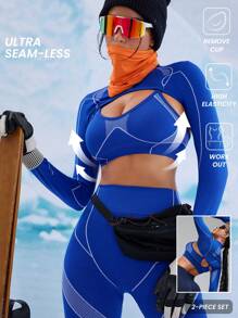 Innovista Innovista 女士3D立体线条动态纹理高弹无缝运动T恤，健身女式T恤，日常休闲及运动T恤，高弹支撑运动文胸，健身套装，秋冬女装，户外，滑雪，瑜伽锻炼，健身服，蓝色上衣，秋冬女装，清爽浅蓝色实用时尚 - 藍色 - 查看 4
