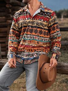 Manfinity Nomadique Men's Geometric Graphic Colorful Print Long Sleeve Single-Breasted Casual Shirt, Autumn,Western Cowboy Style Blue Shirt, For Hunting, Husband - Multicolor - View 4