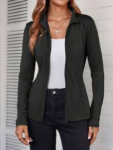 EMERY ROSE 休闲花卉印花灰色立领修身运动夹克，秋季 - 黑色 - 查看 4