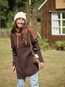 LanaWest Women Hooded Contrast Color Split Hem Casual Pullover Sweater, Long Sleeve