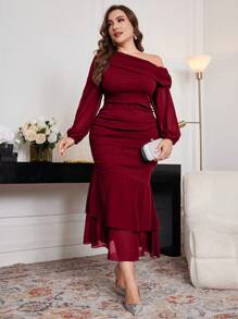 Modelyn Vestido asimétrico de cola de pez de unicolor elegante talla grande, para primavera/otoño, vestidos ajustado elegantes para fiesta de noche/invitada de boda/aniversario, vestido largo burdeos maxi para mujer