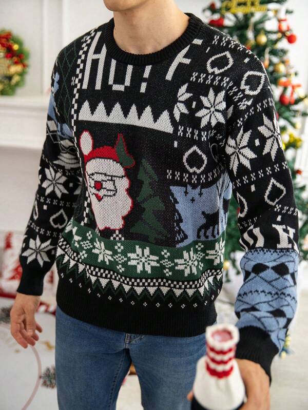 Manfinity Homme Men's Christmas Themed Printed Casual Graphic Colorful Pullover Long Sleeve Pullover Sweater, For Party, Friends