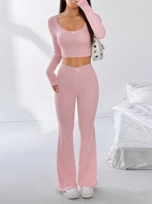 SHEIN Unity 2 件套女士蝴蝶结装饰长袖上衣和裤子，休闲 - 粉色 - 查看 5