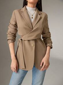 Heiryn Áo khoác blazer nữ tay dài ve áo màu trơn thắt nút bên hông, trở lại trường vào mùa thu/đông - Màu Khaki - Xem 5