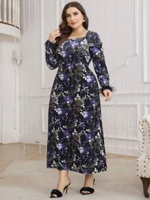 Modelyn 大码方领天鹅绒中长连衣裙长款晚礼服 - 彩色 - 查看 1