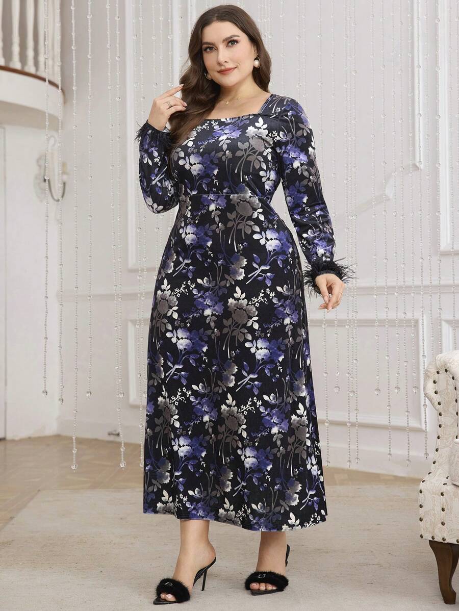 Modelyn 大码方领天鹅绒中长连衣裙长款晚礼服 - 彩色 - 查看 1