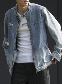 Claim Dot 大码男士休闲破洞牛仔夹克，前拉链，秋季 - 中等水洗藍 - 查看 5