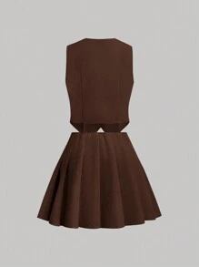 SHEIN MOD 大码正面纽扣背心西装外套和百褶裙（不含衬衫） - 棕色 - 查看 2