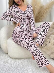 Leopard Print Sexy Women Pajama Jumpsuit - Pink - View 6