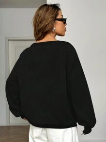 SHEIN EZwear 女士宽松斜肩保暖内衬运动衫，黑色，秋冬 - 黑色 - 查看 2