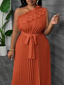 Slaydiva Elegant Luxurious Party Oblique Shoulder Asymmetrical Ruffle Hem Drape Fabric Apricot Summer Dress, Plus Size - Redwood - View 6
