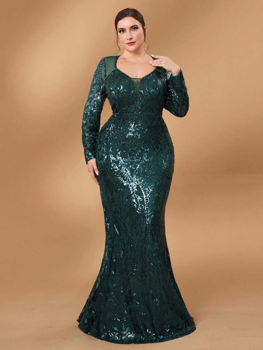 SHEIN Belle 加大码深绿色奢华花卉亮片长袖手工串珠装饰优雅华丽美人鱼新娘母亲礼服正式晚礼服 - 綠色 - 查看 1