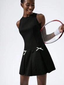 VARSITIE Round Neck, Hollow Back Strap, Pleated Bow Mini Women Dresses - Black - View 3