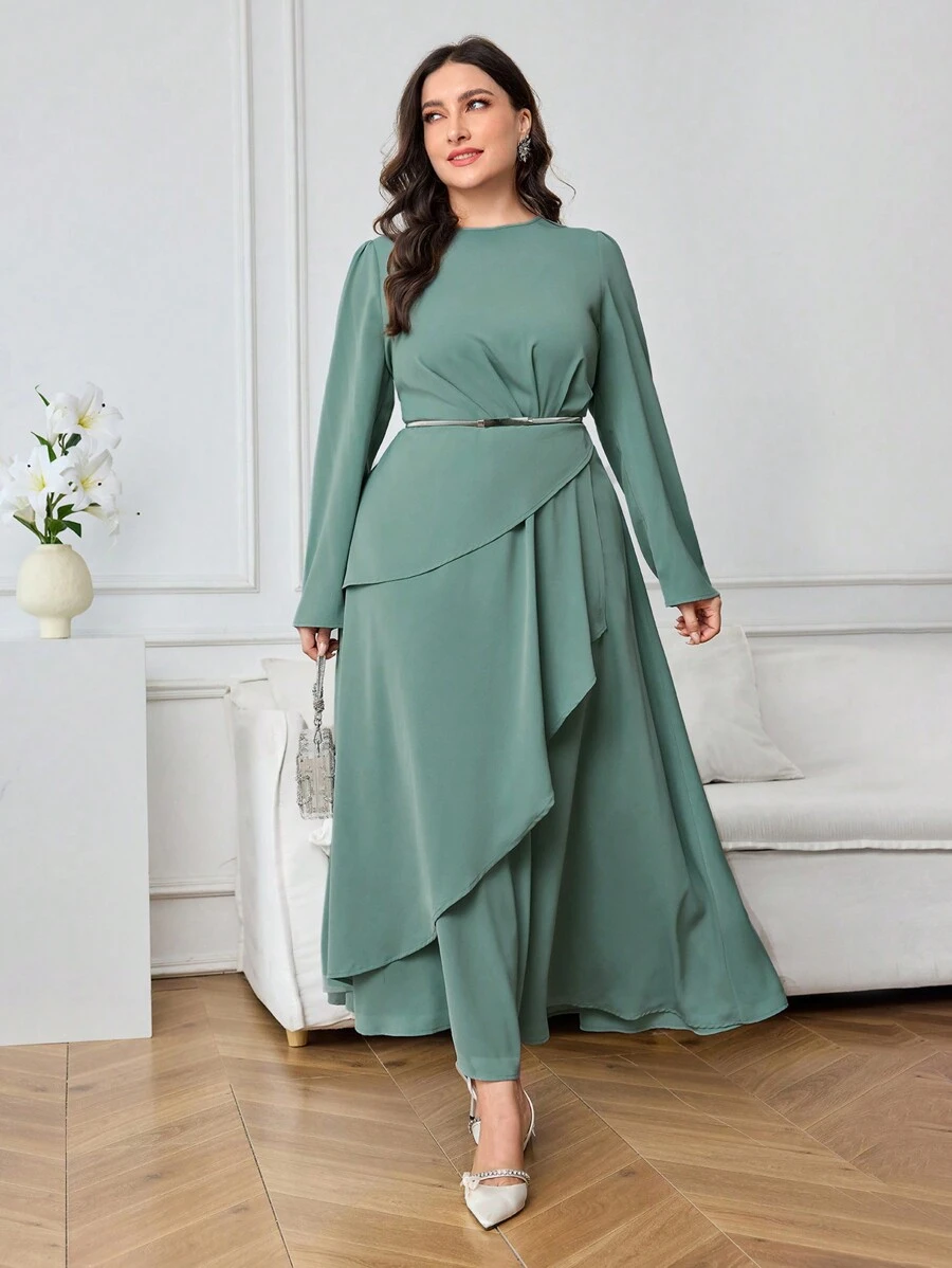 Modelyn Plus Size Elegant Solid Color Layered Long Dress, Autumn Long Evening Dresses - Green - View 1