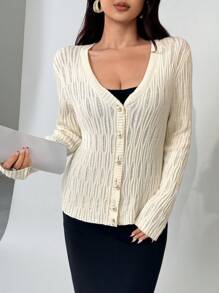 Modelyn Cárdigan suelto y casual de unicolor con hombros caídos para mujer, otoño/invierno - Albaricoque - Ver 4