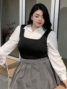 Dazy Plus Plus Size Women Colorblock Patchwork 2 In 1 Sleeveless Shirt, Autumn