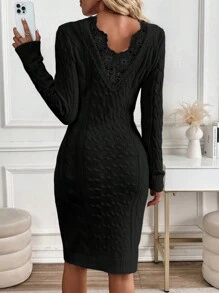 SHEIN Clasi Vestido tipo jersey ajustado con parches de encaje en unicolor casual para mujer, otoño/invierno
