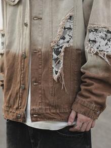 Manfinity Roghcode Plus Size Men Casual Distressed Gradient Camouflage Patchwork Denim Jacket, For Party - Brown - View 7