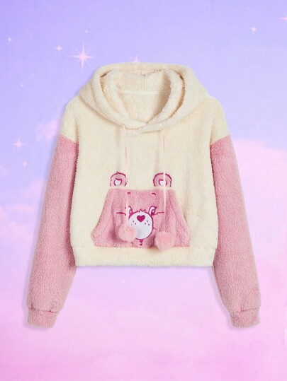 ROMWE X Care Bears Sudadera con capucha informal y holgada con bordado de oso de dibujos animados, bolsillo tipo canguro y cordón, estilo teddy para otoño/invierno