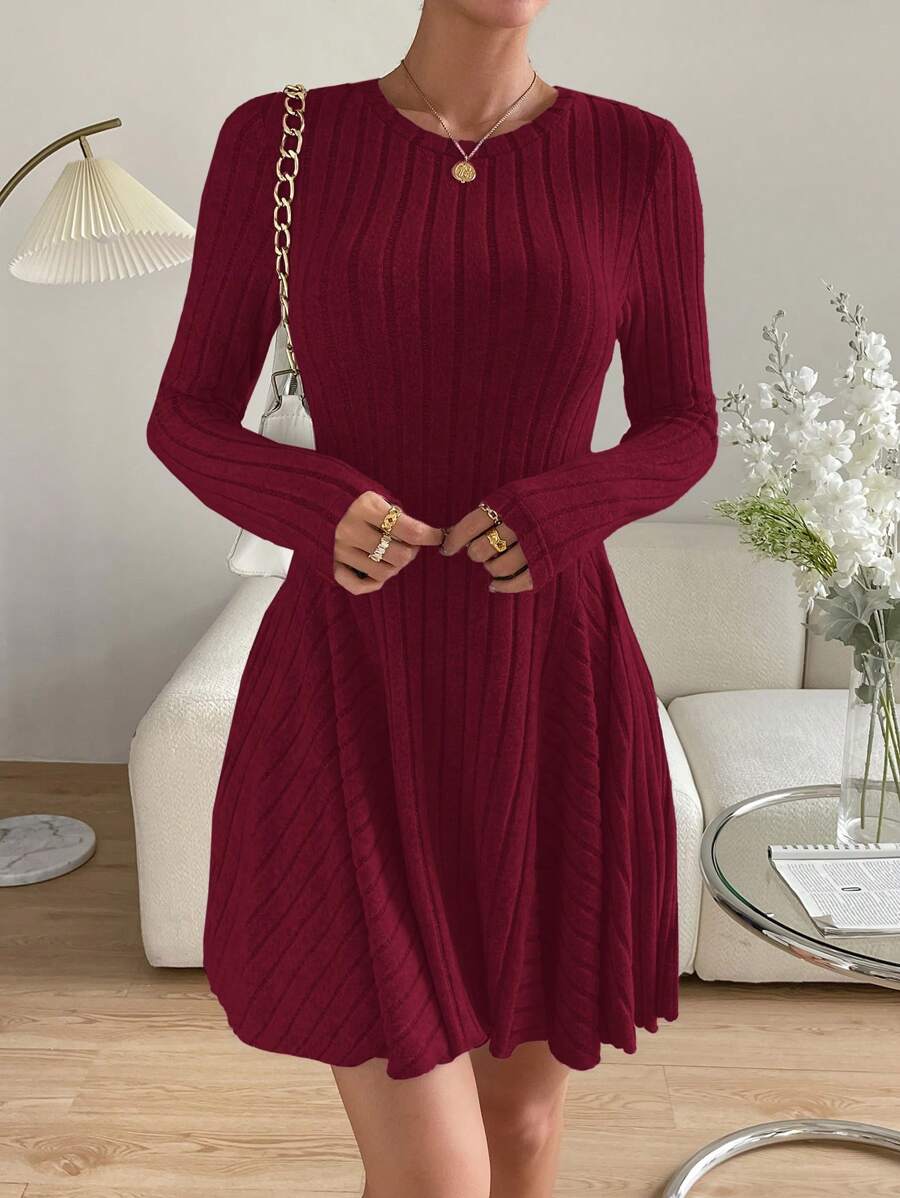SHEIN Essnce Solid Color Round Neck Ribbed Knit Long Sleeve Dress - Burgundy - View 1