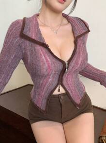 DAZY Women Casual Ombre Color Block Zip Up Fitted Cardigan For Autumn,Fall Women Clothes - Violet Purple - View 9