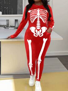 SHEIN LUNE Plus Size 2pcs Women Halloween Outfit, Long Sleeve Leisure Printed Shirt And Pants Set - Red - View 1