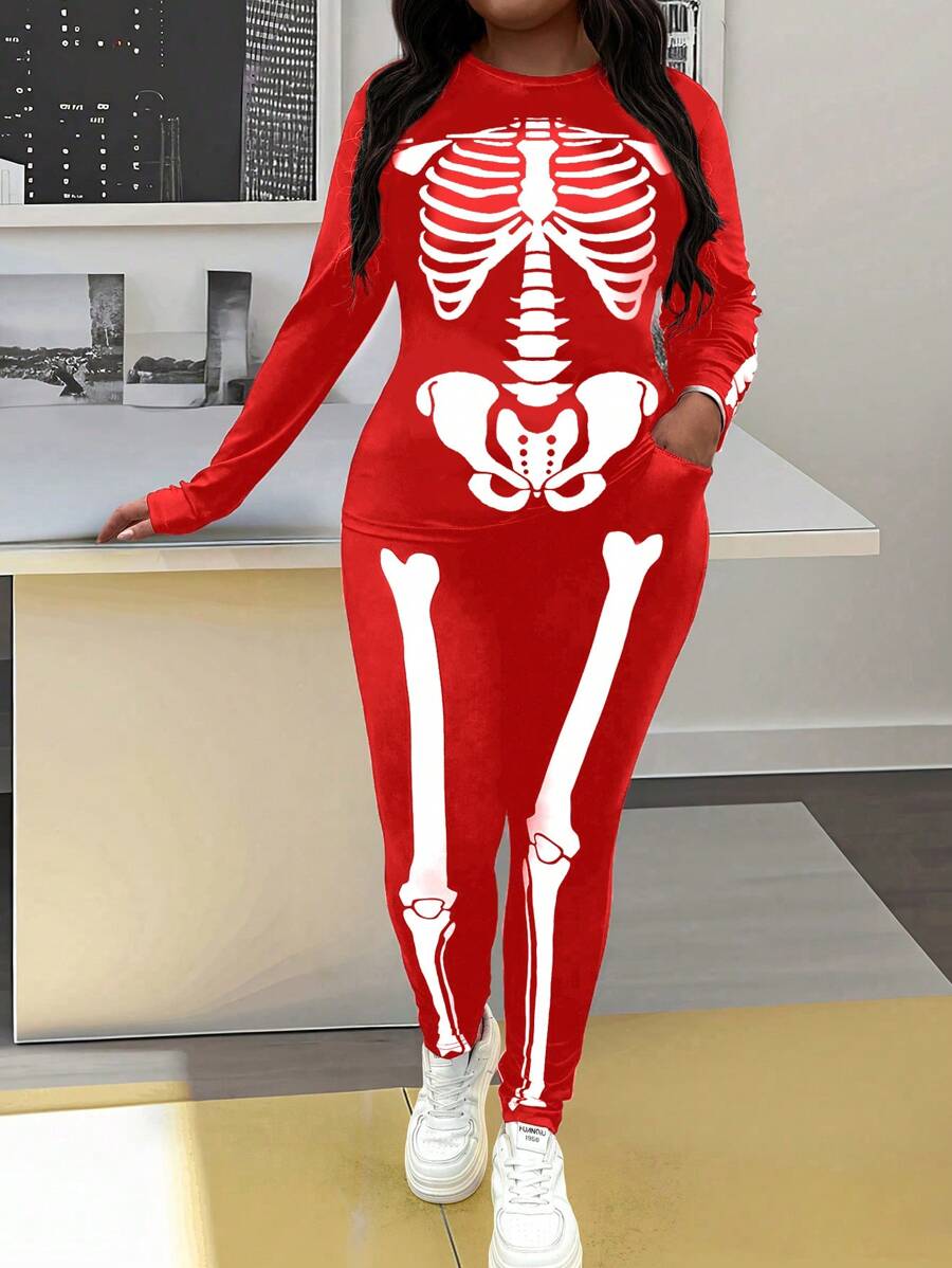 SHEIN LUNE Plus Size 2pcs Women Halloween Outfit, Long Sleeve Leisure Printed Shirt And Pants Set - Red - View 1