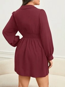 SHEIN Privé 大码 Polo 领收腰 A 字形 V 腰衬衫连衣裙 - 酒紅色 - 查看 2